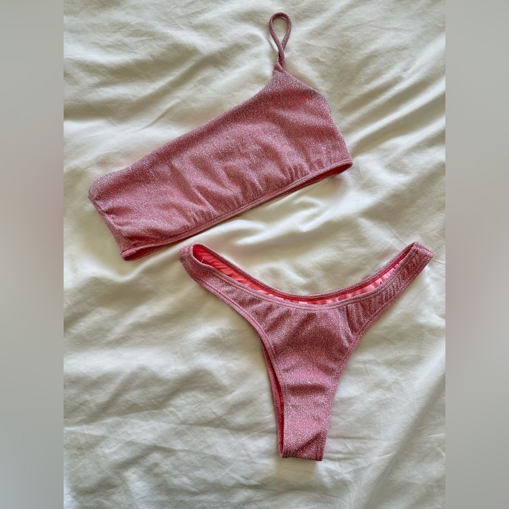 ELYSIIAN Pink Sparkle One Shoulder Bikini Set (cheeky, never worn)